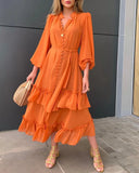 MQTIME  -  Orange Ruffles Midi Dress For Women Lantern Sleeve Button Solid Dress With Belt Daily Vacation Party Vestido