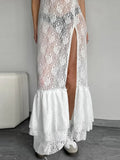 MQTIME  -  Sexy Lace Sling Long Dress Women See Through V Neck Sleeveless Split Ruffles Party Dress 2024 Fashion Solid High Waist Robes