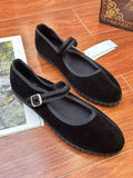 MQTIME  -  Hand Stitch Mary Janes Shoes Woman Trend Velvet Elegant Ballet Flats Shoes Spring Autumn Casual Buckle Strap Canvas Loafers