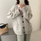 MQTIME  -  New Collection Women's Sweaters and Pullovers V Neck Button Front Patch Pockets Long Sleeve Oversized Top Woman Daily Wear