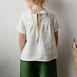  MQTIME  -  Chic Back Bow Tie Linen Shirt Girls New Solid Color Casual Loose Baby Kids Long-Sleeved Blouse Autumn Clothes
