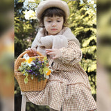  MQTIME  -  Retro Cotton Linen Long-Sleeved Plaid Dress Girls Spring New Button-up Ruffled Round Neck A-Line Dresses Children's Clothing