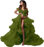 MQTIME  -   Sexy Maternity Gowns Photoshoot V Neck Ruffles A Line Sweep Train Tulle Pregnant Women Maternity Dresses for Photo Shoot