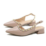 MQTIME  -  Women's Nude Patent Leather Sandals Pointed Toe Slingback Pumps with Studs Low Block Heel Dress Shoes for Office and Party Heel