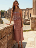  MQTIME  -  Women Elegant Red Plaid Skrit Sets Short Sling Top Camis High Waist Midi Skirts Summer Casual Holiday Beach Outfits