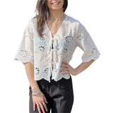MQTIME  -  Women s Short Sleeve V-Neck Hollow Out Casual Blouse Tie Front Solid Color Loose Fit Summer Top Streetwear Fashion