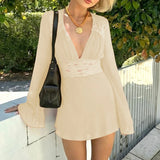 MQTIME  -  Dress Sexy Deep V Splicing Lace Waist Mesh Horn Sleeve Temperament Skirt