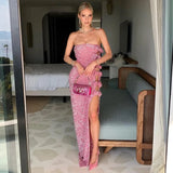 Mqtime Chic Strapless Sequins Bow Long High Slit Dress Pink Formal Party Dresses فساتين للحفلات الراقصة vestidos de noche Prom Gowns