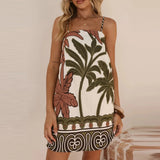 MQTIME  -  Pattern Print Vintage Dress Casual Sleeveless Hollow Out Loose A-line Dress Summer New Backless Pleat Mini Dress