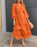 MQTIME  -  Orange Ruffles Midi Dress For Women Lantern Sleeve Button Solid Dress With Belt Daily Vacation Party Vestido