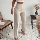 MQTIME  -  New Women Casual Pants High Waist Slim-fit Basic Pants Popular Hot Sale Plaid Color Straight Style Daily Trousers