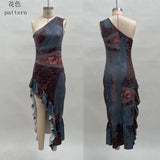 MQTIME  -  Women One Shoulder Bohemian Print Maxi Dress Asymmetrical Ruffle High Slit Bodycon Party Vacation Long Dress