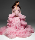 MQTIME  -  Luxury Pink Maternity Photoshoot Dresses Ruffle Tulle Maternity Robe Big Train Ruffle Sleeve Pregnancy Party Wear Princess Dress