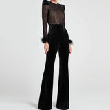 MQTIME  -  Women Patchwork Velvet Slim Party Rompers 2025 Long Sleeve Feather Combination Luxury Lattice High Waist Wide Leg Long Jumpsuit