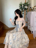 MQTIME  -  Women Ruffles Casual Korean Fairy Dress Female Summer Lace-up Vacation Party Dress Elegant Vintage Floral Midi Dress