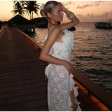 MQTIME  -  Sexy Hollow Out Ruffles Split Long Dress Women Backless See Through Slim Beach Holiday Dresses 2025 Summer Slim Party Lady Robe