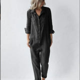 MQTIME  -  Fashion Cotton Linen Long Sleeve Pocket Jumpsuit Women'S Autumn Casual Loose Solid Color Shirt Jumpsuit Female Military Rompers