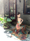 MQTIME  -  Summer Trend Fashion Color Contrast Design Print Embellishment Mesh Material Breathable and Cool Fishtail Hem Slip Dress