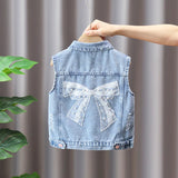 MQTIME  -  2-8 Years Old Girls Denim Vest Turn Down Collar Sleeveless Kids Cartoon Jean Jacket Spring Autumn Casual Kids Outerwear