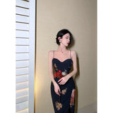 MQTIME  -  Elegant Vintage Print Floral Split Dress Summer Sleeveless Spaghetti Strap Backless Long Dress Evening Party Birthday Dresses