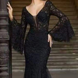 MQTIME  -  Women Long Dress Sexy Flare Sleeve Lace Embroidery Dresses Elegant High Waist Night Vestidos Female Party Evening Maxi Dress