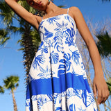 MQTIME  -  Vintage Plant Printed Spaghetti Strap Long Dress Casual Off Shoulder Sleeveless Vacation Dress Women New Summer Big Hem Dresses