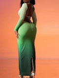  MQTIME  -  Sexy Front Chest Hollow Out Gradient Slim Bodycon Maxi Dress Women Cross Strap Backless Skinny Evening Dress Club Party