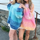 MQTIME  -  Women Autumn Winter Loose Fit Knitwear Jumpers Vintage Striped Fuzzy Knitted Sweater Casual Boat Neck Long Sleeve Pullover Tops