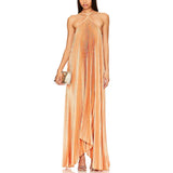 MQTIME  -  Sexy Halter Lace-up Backless Evening Dress Womens Spring Solid Rib Pleated Long Dress Summer Sleeveless Hollow Boho Maxi Dresses