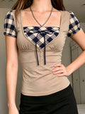MQTIME  -  American Preppy Argyle Contrast Color Patchwork Square Collar Short Sleeve Top Female