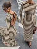 MQTIME  -  Slim Fit Knitted Long Sleeve round Neck Bell Bottom Striped Dress Cross Border New Style Fresh Sweet Style Casual Dress