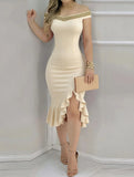MQTIME  -  Spring Women's Clothing Off Shoulder Ruffle Beaded Slim Fit Dress For Woman Elegant Casual Midi Bodycon Polyester Knit Fabric