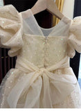 MQTIME  -  Girls Princess Long Dress Fashion Bow Sequin Puff Sleeve Tutu High End Formal Party Gown Ball New Style Children Evening Dress
