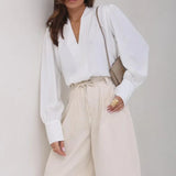 MQTIME  -  Spring Summer Women V-Neck Loose Blouses, Elegant Solid Patchwork Long Sleeve Tops, Simple Fashion Chic Ladies Shirts Streetwear