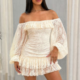 MQTIME  -  Sexy Sheer Long Sleeved Embroidered Women's Party Dress Fall Elegant Solid Color Mini Dress Fashion Off Shoulder Slim Lace Dress