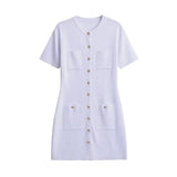 MQTIME  -  Gold Button Pocket Knitted Short Dresses Solid Color Round Neck French Simple Slimming Fashion Single Breasted Straight Dress