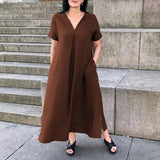 MQTIME  -  Women 2025 Patchwork Loose Office Dress Elegant Short Sleeve Pocket Long Dress Simple Solid Cotton Linen V-Neck Pullover Dress