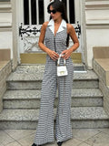  MQTIME  -  Zipper Plaid Loose Jumpsuits Women Fashion Turn-down Collar Halter Backless One Piece Jumpsuit Casual Straight Rompers