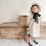 MQTIME  -  Summer Korean Style Baby Girls Cotton Dresses Puff Sleeve Solid Color Kids Robe Children Casual Dress