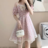 MQTIME  -  French sweet floral bubble sleeved dress for women's 2024 summer new backless hollow out bow puffy skirt short