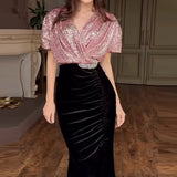 MQTIME  -  Banquet Elegant Sequins V-Neck Wrap Dress 2025 Women Retro Patchwork Velvet Long Dress Sexy Glitter High Split Pleat Party Dress