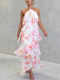 MQTIME  -  Holiday Patchwork Print Fashion Maxi Dress Women Summer Sleeveless Chic Party Dress  Halter Lace-Up Ladies Dress Vestidos