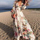 MQTIME  -  Vintage Bohemian Floral Printed Pleat Long Dress Casual V Neck High Waist Pullover Dress Elegant Lantern Long Sleeve Party Dress