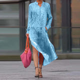 MQTIME  -  Sexy Leopard Printed Long Sleeve Vestidos Dress Fashion Stand Collar Loose Commute Robes Elegant Lady Pocket Side Split Dresses