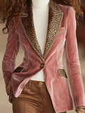 MQTIME  -  Vintage Leopard Printed Patchwork Velvet Jacket Casual Long Sleeve Slim Commute Coat Autumn Winter New Women's Button Outerwear