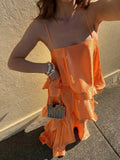 MQTIME  -  Summer Leisure Vacation Long Dress Elegant Sling Layered Satin Party Dress New Ladies Sleeveless Hollow Beach Maxi Dresses