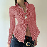 MQTIME  -  Spring New Design Color Contrasting Versatile Fine Grid Cotton Collar Long Sleeve Shirt for Women
