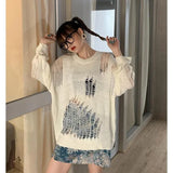 MQTIME  -  Oversized Sexy Hole Sweaters Loose Casual O-neck Knitted Solid Korean Fashion Black Chic Daily Trendy Long Sleeve Pullovers Tops