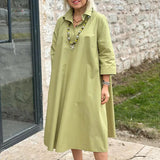 MQTIME  -  Spring Summer 3/4 Sleeved Loose Shirt Dress Office Lady Lapel Pockets Solid A-line Dress Simple Temperament Commuting Midi Dress