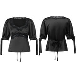 MQTIME  -  Women Summer Elegant Satin Silk Tops Lace Patchwork Adjustable Ribbon Tied Short Puff Sleeves Sweatheart Neck Blouse